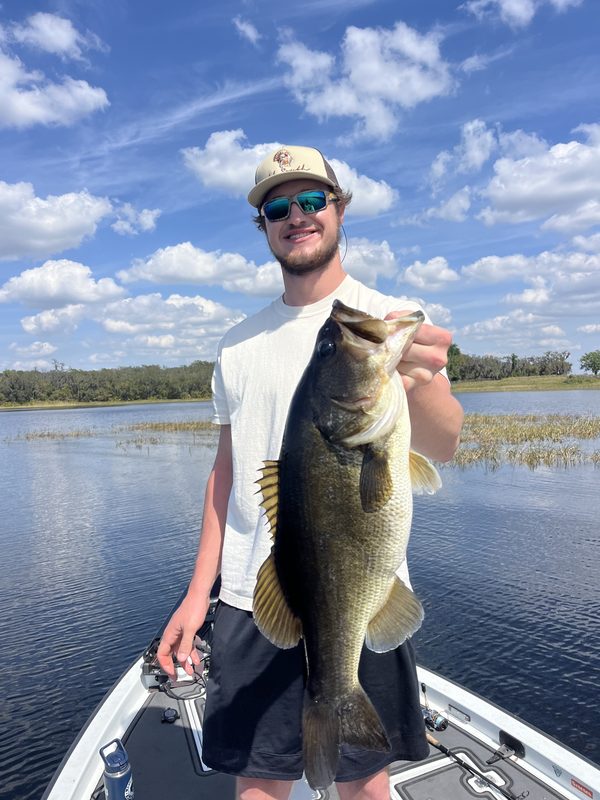 Angler holding a largemouth bass on a bass boat with cumulus clouds and a grassy shoreline behind